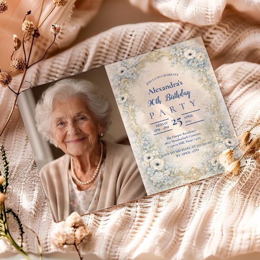 Photo Blue Floral Baroque Frame 90th Birthday 招待状