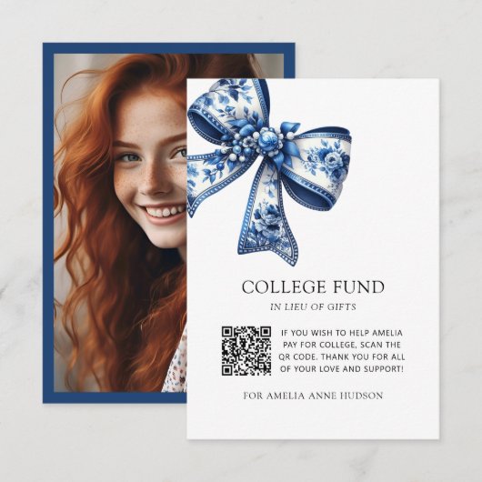 Photo Blue Floral Bow QR Code College Fund  エンクロージャーカード (正面/裏面)