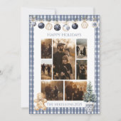 Photo Blue Gingham Ornament Family Christmas シーズンカード (正面)