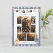 Photo Blue Gingham Ornament Family Christmas シーズンカード (スタンド正面)