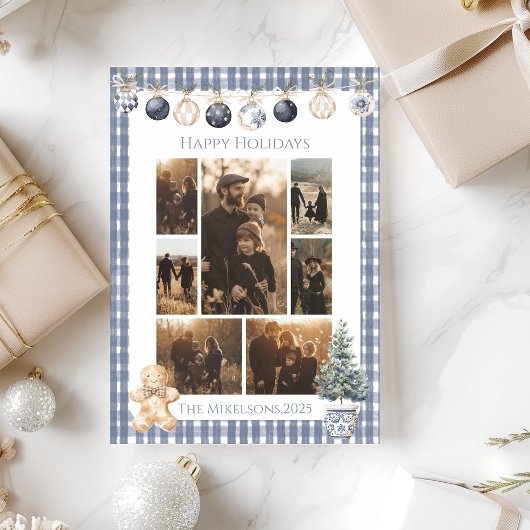 Photo Blue Gingham Ornament Family Christmas シーズンカード
