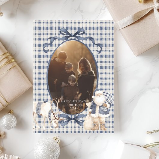 Photo Blue Gingham Santa Family Christmas シーズンカード
