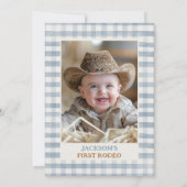 Photo Blue Grey Cowboy First Rodeo 1st Birthday 招待状 (裏面)