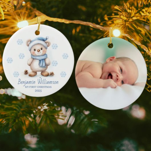 Photo Blue Snowflakes Bear Baby's 1st Christmas セラミックオーナメント