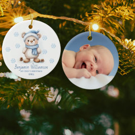 Photo Blue Snowflakes Bear Baby's 1st Christmas セラミックオーナメント