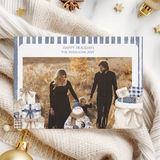 Photo Blue Striped Santa Family Christmas シーズンカード