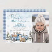 Photo Blue Truck Winter Onederland 1st Birthday 招待状 (正面/裏面)