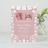 Photo Blush Pink Cielito Lindo Girl Twins Baptism 招待状 (スタンド正面)