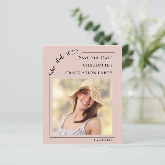 Photo Blush Pink Graduation Save the Date Card (スタンド正面)