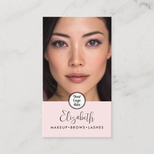 Photo Blush Pink Script Black Logo QR Code Makeup 名刺 (正面)