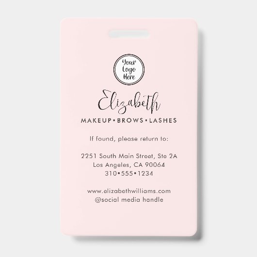 Photo Blush Pink Script Your Logo Here Makeup ID バッジ (裏面)