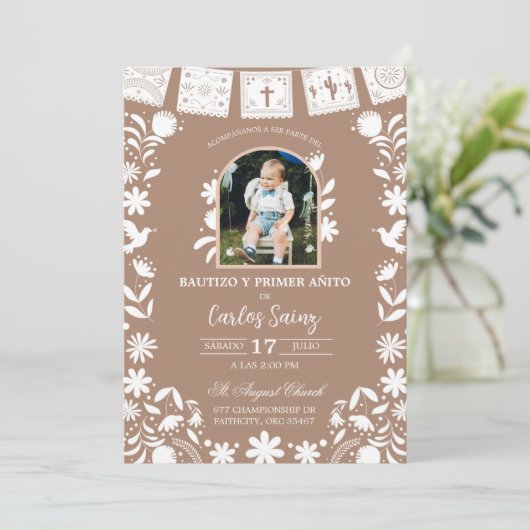 Photo Boho Brown Cielito Lindo Baptism 招待状 (スタンド正面)