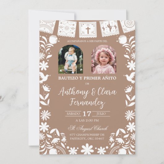 Photo Boho Brown Cielito Lindo Twins Baptis 招待状 (正面)