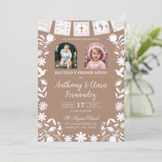 Photo Boho Brown Cielito Lindo Twins Baptis 招待状 (スタンド正面)