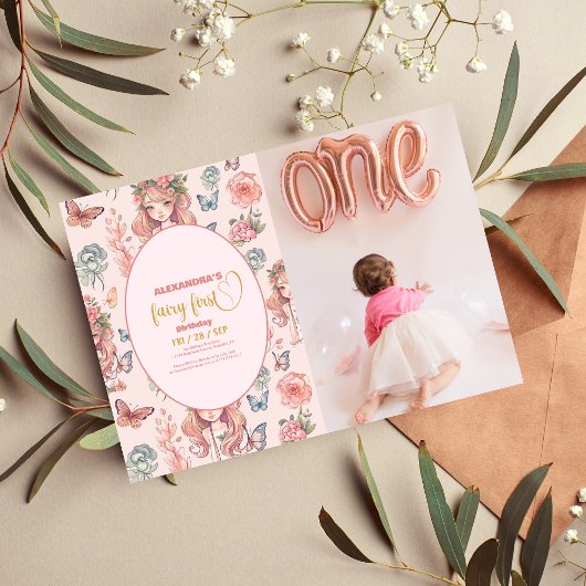 Photo Boho Fairy First Girl's 1 Birthday 招待状