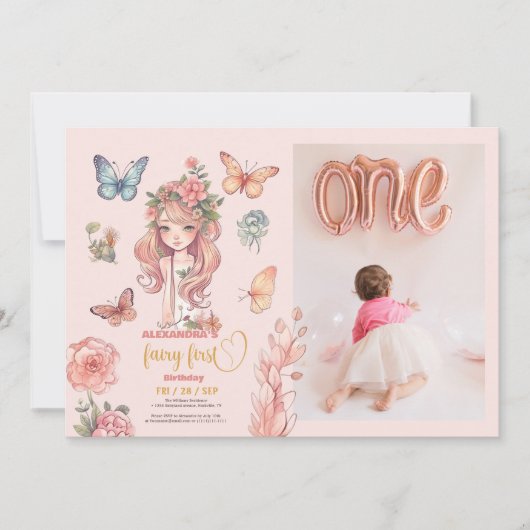 Photo Boho Fairy First Girl's 1 Birthday 招待状 (正面)
