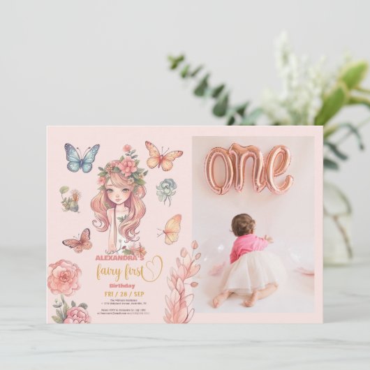Photo Boho Fairy First Girl's 1 Birthday 招待状 (スタンド正面)