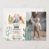 Photo Boho One Happy Camper 1st誕生日パーティー 招待状 (正面)