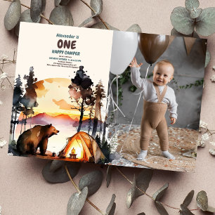 Photo Boho One Happy Camper 1st誕生日パーティー 招待状