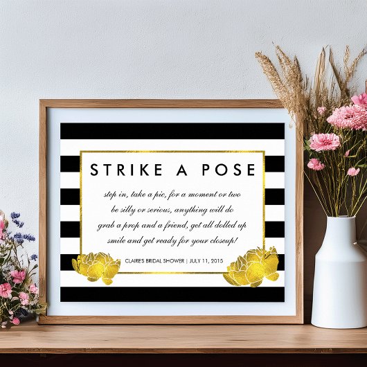 Photo Booth Poster Sign Black Stripe & Gold Peony ポスター