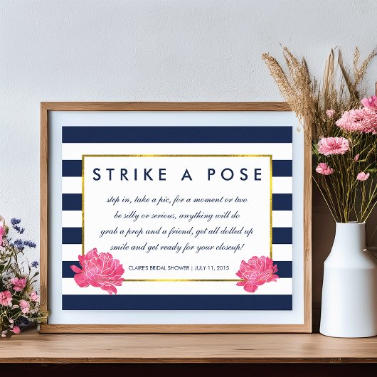 Photo Booth Poster Sign | Navy Stripe & Pink Peony ポスター