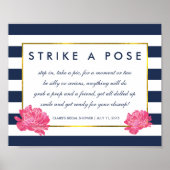 Photo Booth Poster Sign | Navy Stripe & Pink Peony ポスター (正面)