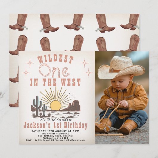 Photo Brown Widest One In The West 1st Birthday 招待状 (正面/裏面)