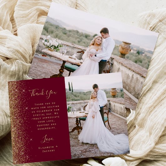 Photo Burgundy Red Gold Glitter Script Wedding サンキューカード
