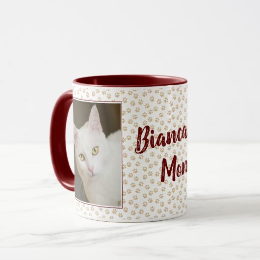 Photo Cat Mom Mug Brown、Pawプリント付き マグカップ (正面左)