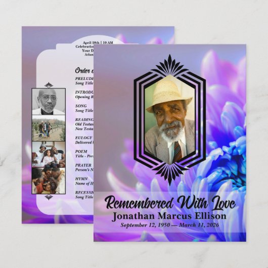 Photo Celebration of Life with Blue Chrysanthemum 招待状 (正面/裏面)