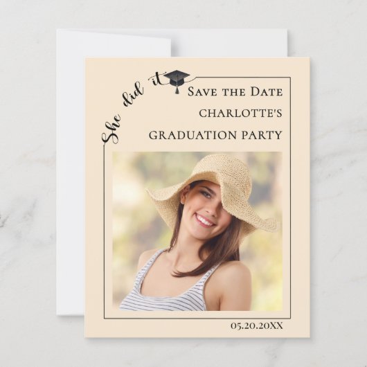 Photo Champagne Graduation Save the Date card (正面)