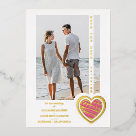Photo Chic Elegant Hot Pink & Golden Heart Couple 箔招待状