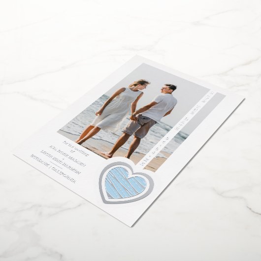 Photo Chic Elegant Light Blue & Silver Heart Real 箔招待状 (回転した状態)