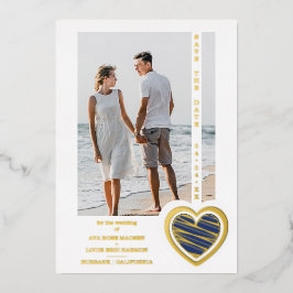Photo Chic Elegant Navy Blue & Golden Heart Couple 箔招待状