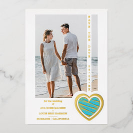 Photo Chic Elegant Turquoise & Golden Heart Couple 箔招待状
