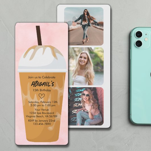 Photo Chic Trendy Blush Pink Iced Coffee Birthday 招待状