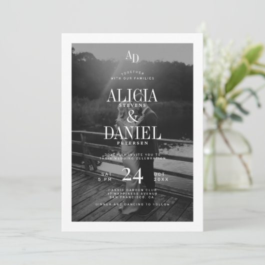 Photo classic black and white QR code RSVP wedding 招待状 (スタンド正面)