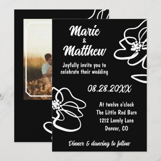 Photo Classic Gothic Black Floral Sketch Wedding 招待状 (正面/裏面)