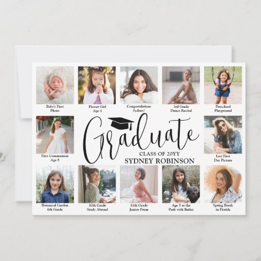 Photo Collage & Captions Trendy Script Graduation 案内状 (正面)