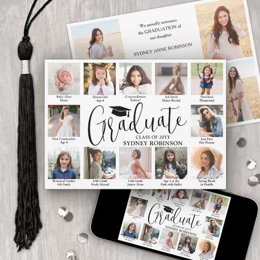 Photo Collage & Captions Trendy Script Graduation 案内状