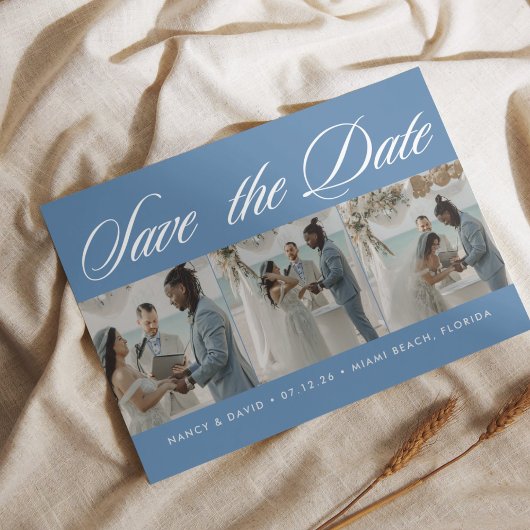 Photo Collage Dusty Blue Beach Wedding セーブザデート