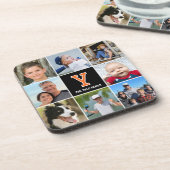 Photo Collage Family Monogrammed Orange Black コースター (左側)