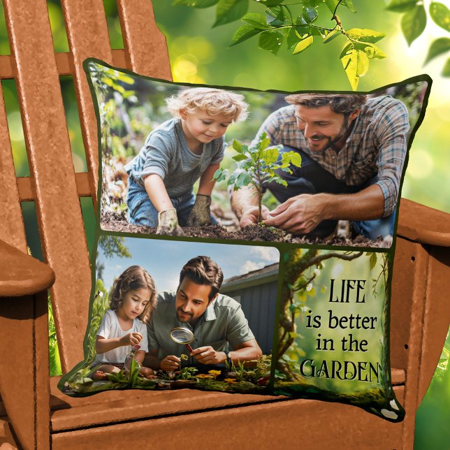 Photo Collage Fun Garden  アウトドアクッション (Pillow featuring a family photo collage with a green garden theme)