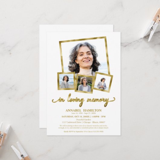 Photo Collage In Loving Memory of Lifeお祝い 招待状 (正面/裏面インサイチュ)