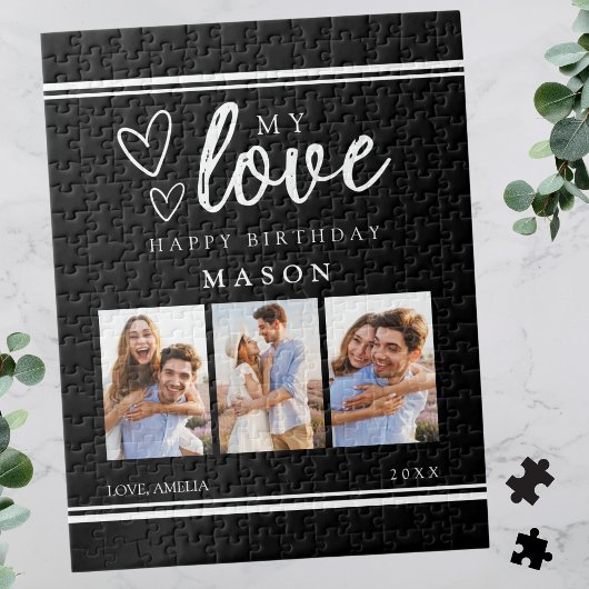 Photo Collage Modern Black Happy Birthday ジグソーパズル