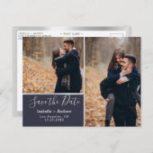 Photo Collage Navy エレガント Silver日付を保存 案内ポストカード (正面/裏面)