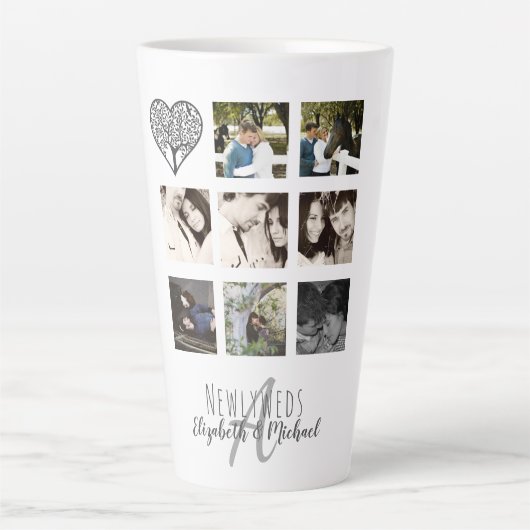 PHOTO COLLAGE Newlywedsパーソナライズされたの8結婚倍 カフェラテマグ (正面)