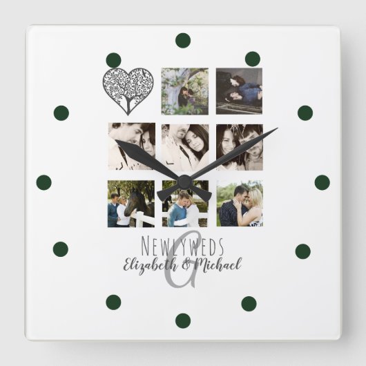 PHOTO COLLAGE Newlywedsパーソナライズされたの8結婚倍 スクエア壁時計 (正面)