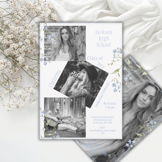 Photo Collage Personalized Blue 4 Photo Graduation 案内状