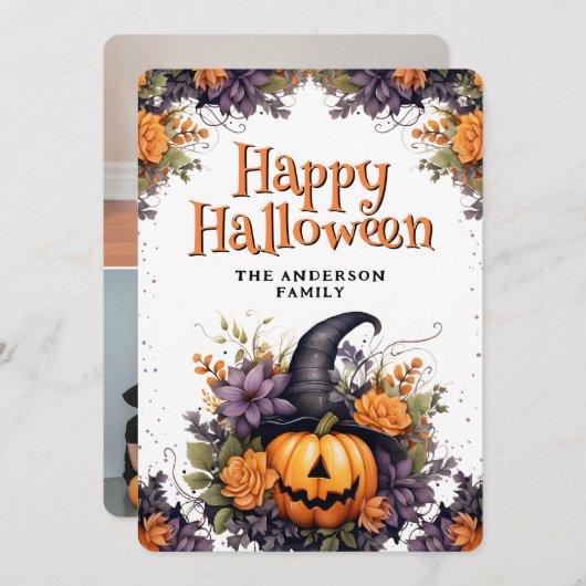 Photo Collage Pumpkin Witch Hat Halloween Card シーズンカード (正面/裏面)